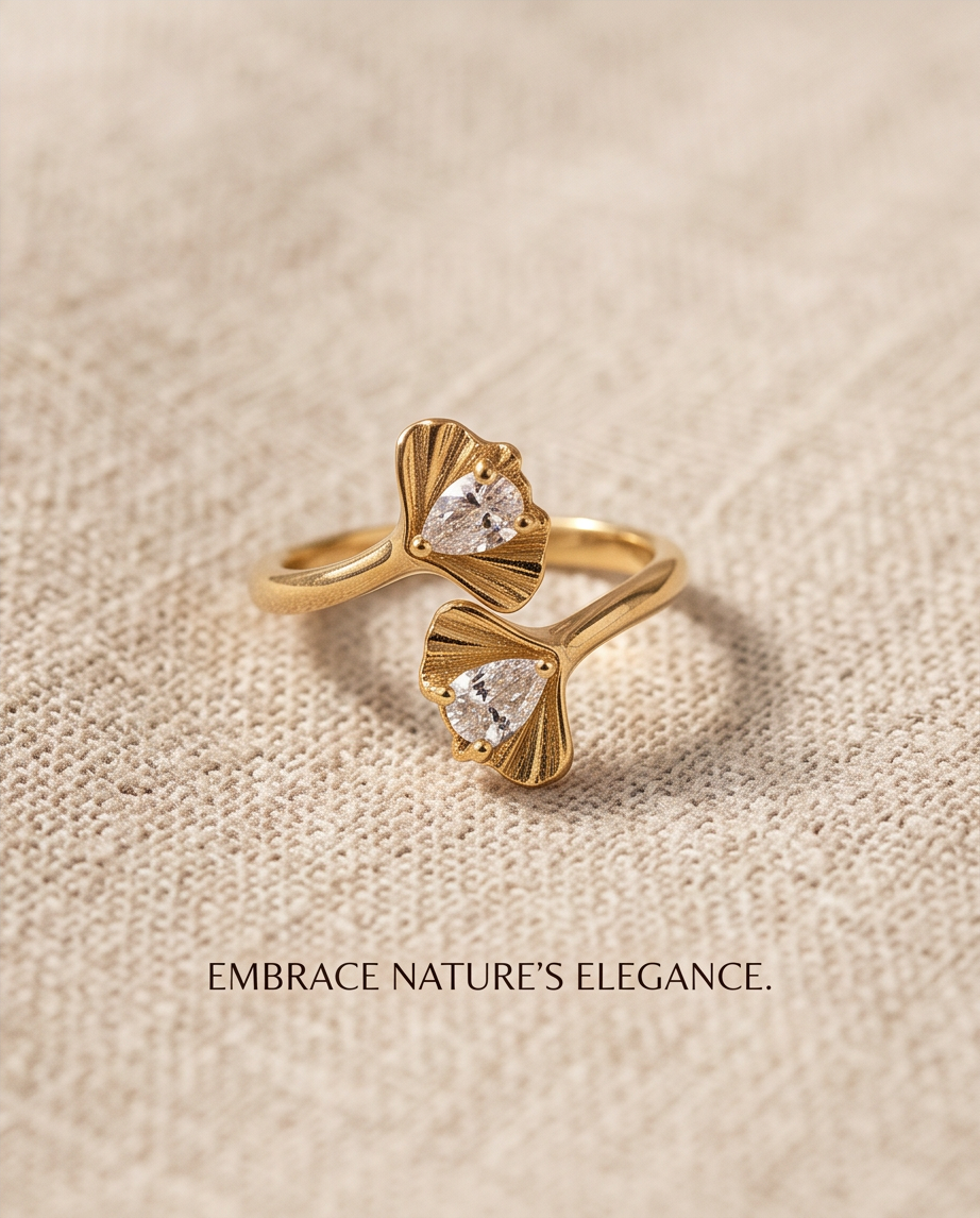 Bague Ginkgo en acier inoxydable doré