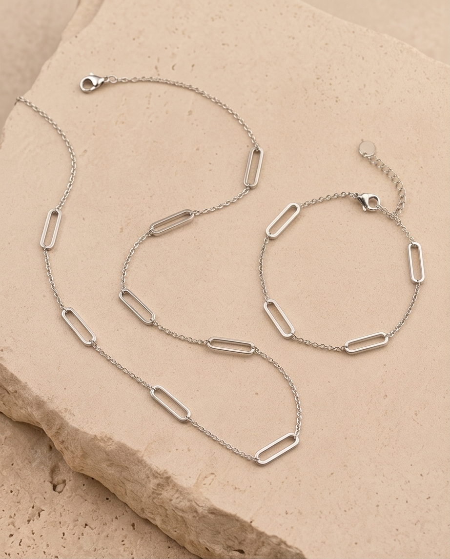 Moderne schakelset van roestvrij staal (ketting & armband) – Goud- of zilverkleurig