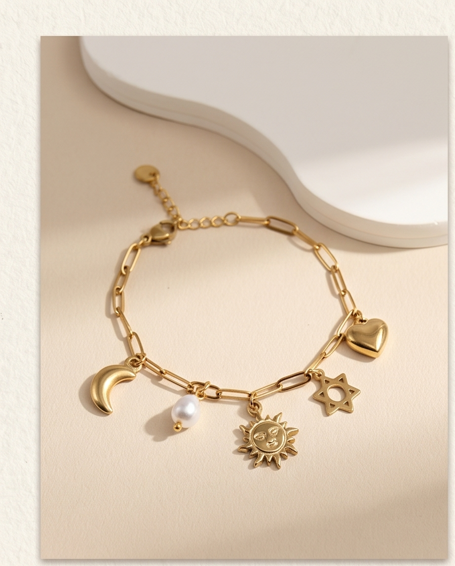 Stainless Steel Lou Bracelet with Moon, Star, Heart and Iridescent Pearl