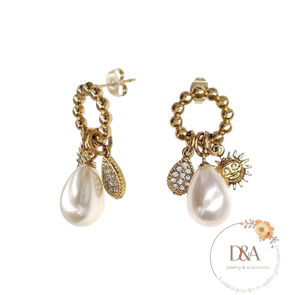 Boucles d'oreilles pendantes doré perlé Runa