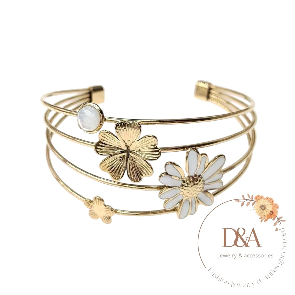 Bracelet manchette fleurs doré Fina : Blanc