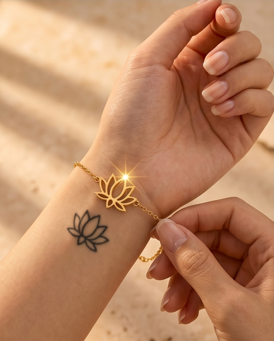 Parure lotus en acier inoxydable (collier, bracelet, boucles) – Doré ou argenté