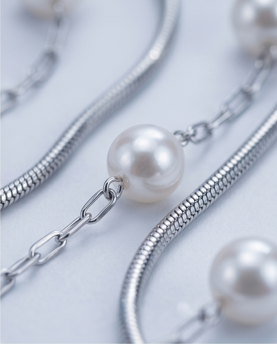 Silver Double Chain & Pearl Necklace ✨🩶