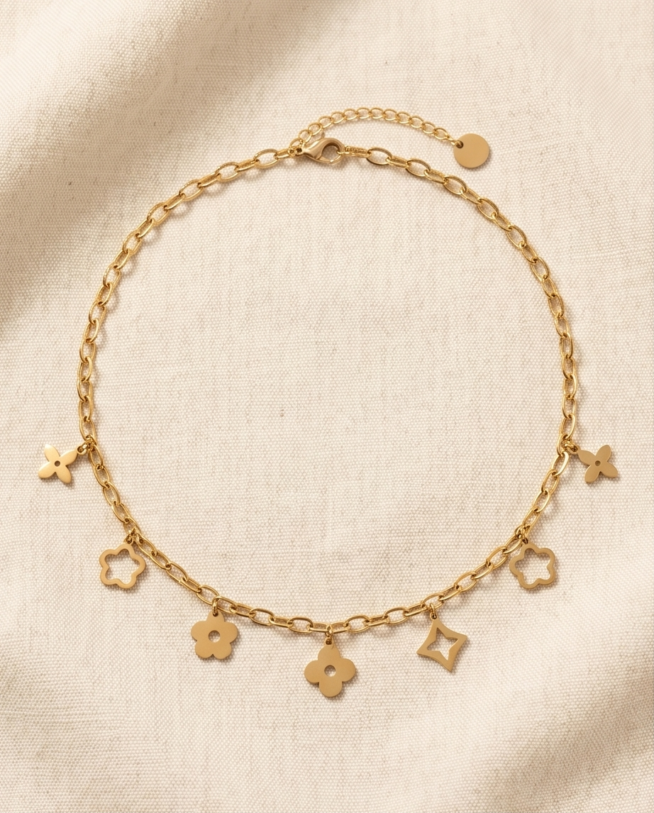 Gold Charm Necklace in Stainless Steel ✨🍀🌸