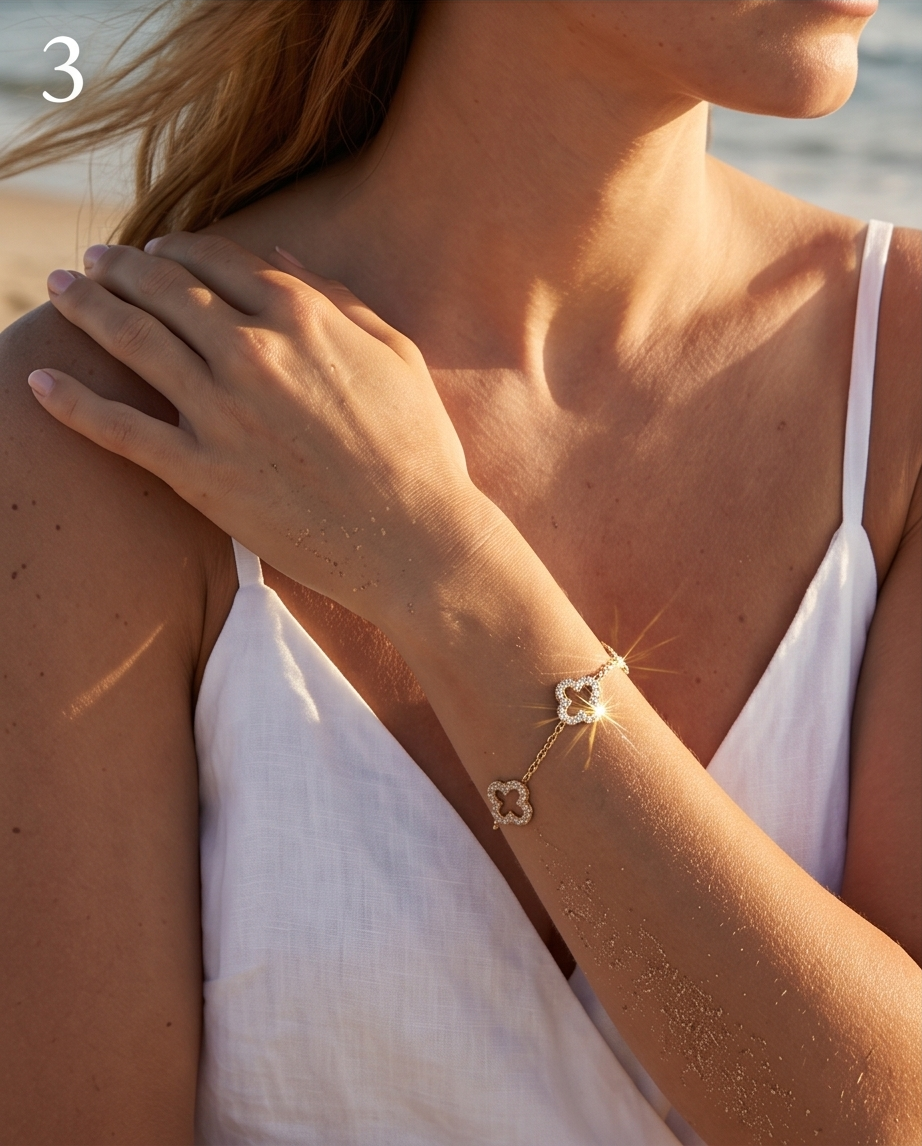 Set sprankelende klavertjes van roestvrij staal (halsketting & armband) – Goud- of zilverkleurig