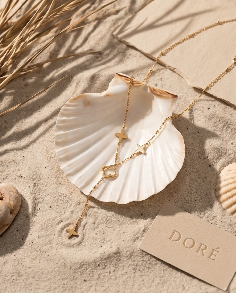 Lange klaverketting & roestvrijstalen hanger – Goud of zilver