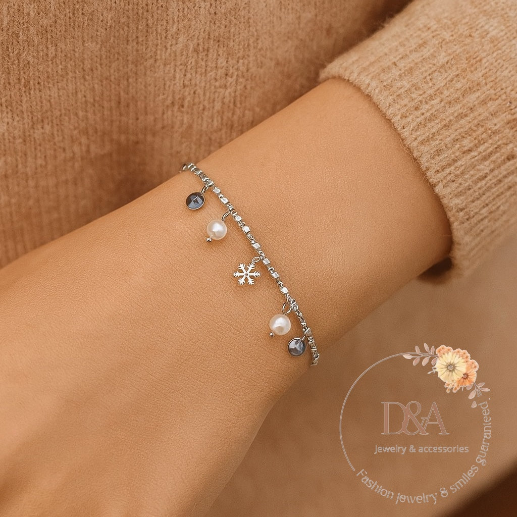 Bracelet Winter breloques flocon de neige, perles et zircon - Argent