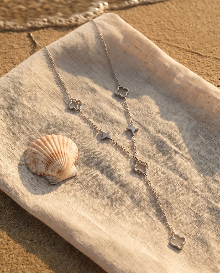 Lange klaverketting & roestvrijstalen hanger – Goud of zilver