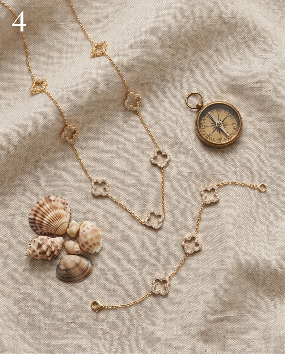 Set sprankelende klavertjes van roestvrij staal (halsketting & armband) – Goud- of zilverkleurig