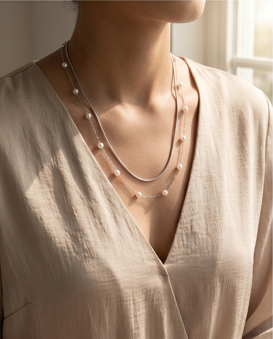Silver Double Chain & Pearl Necklace ✨🩶