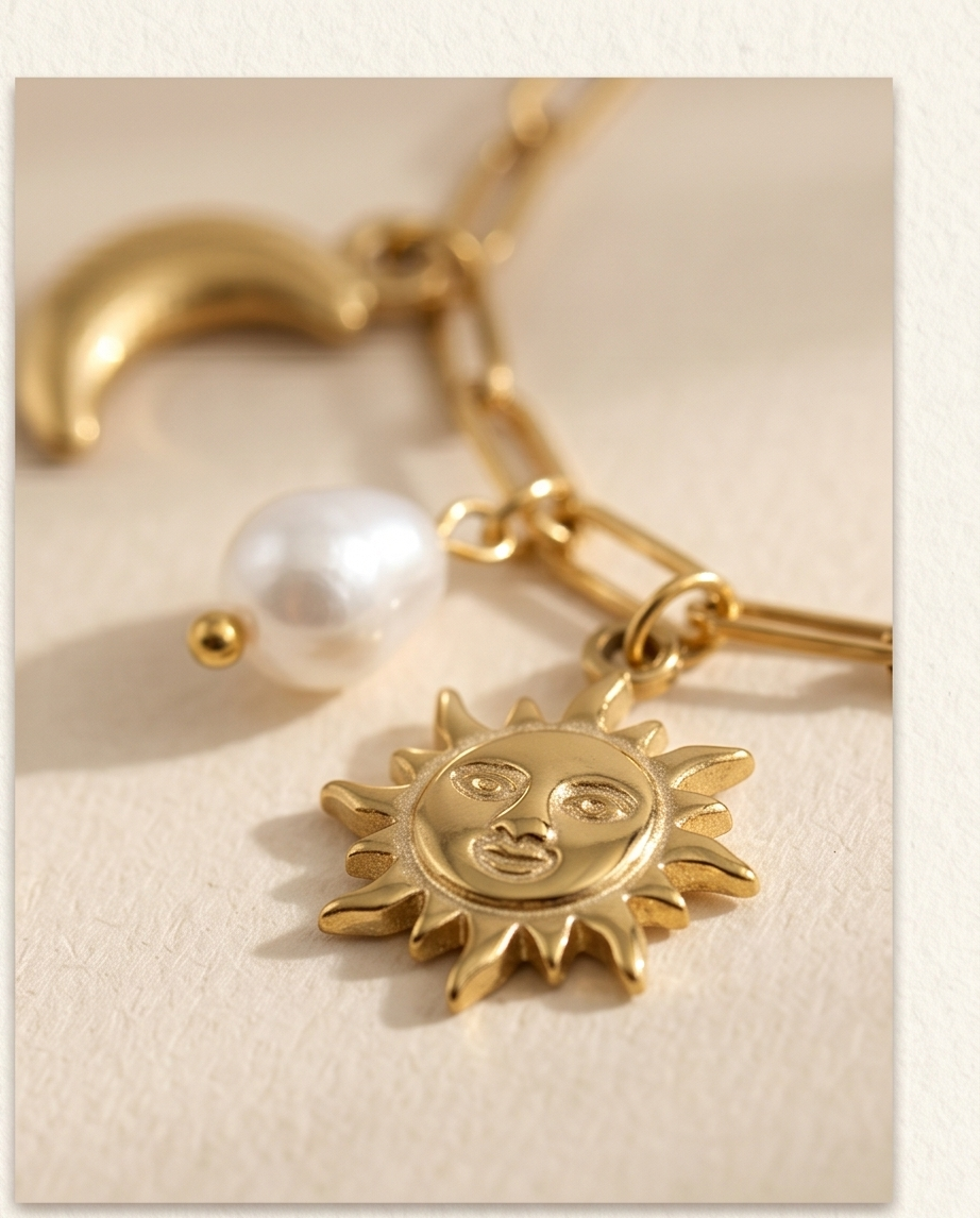 Stainless Steel Lou Bracelet with Moon, Star, Heart and Iridescent Pearl