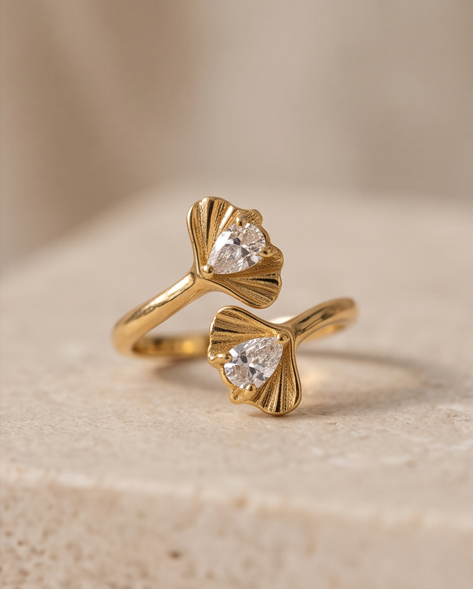 Bague Ginkgo en acier inoxydable doré