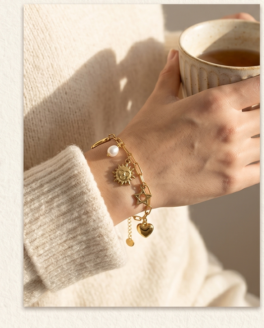 Stainless Steel Lou Bracelet with Moon, Star, Heart and Iridescent Pearl