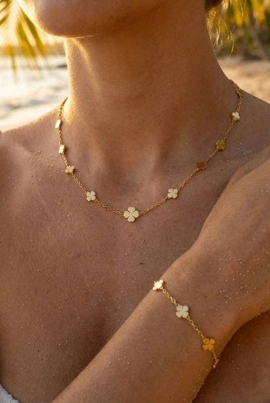 Parure trèfles porte bonheur en acier inoxydable (collier & bracelet) – Doré ou argenté