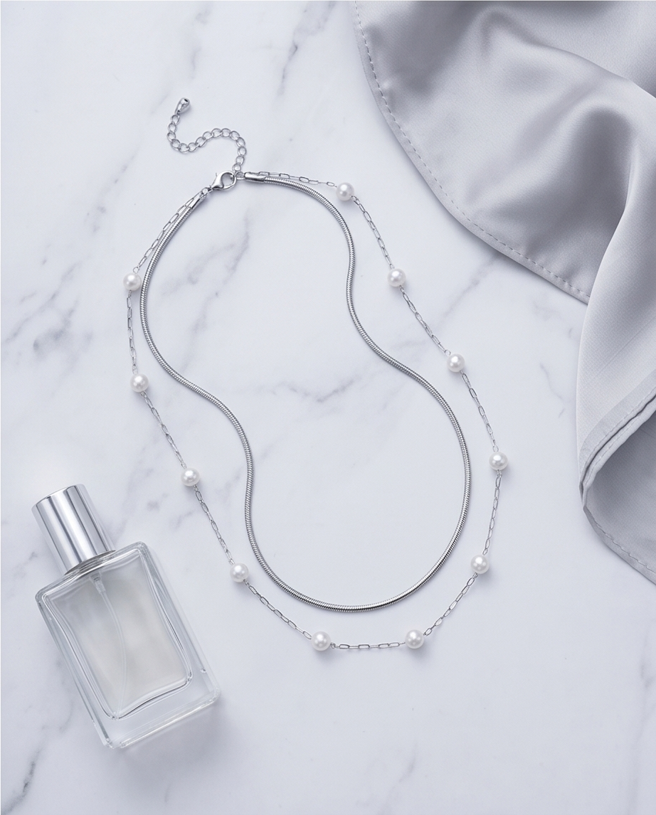 Silver Double Chain & Pearl Necklace ✨🩶
