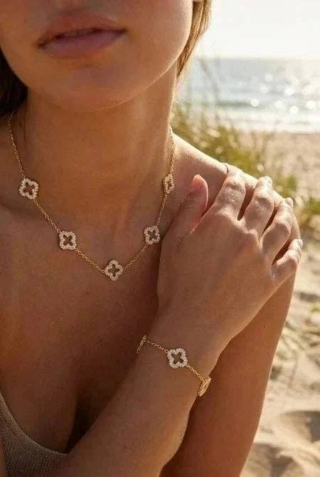 Parure trèfles scintillants en acier inoxydable (collier & bracelet) – Doré ou argent