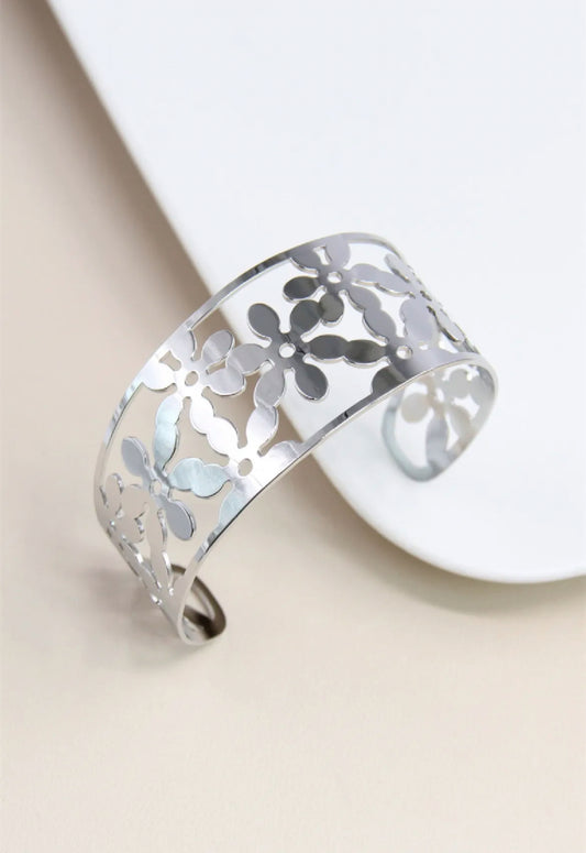 Bracelet fleur filigrane jonc ajustable: argenté