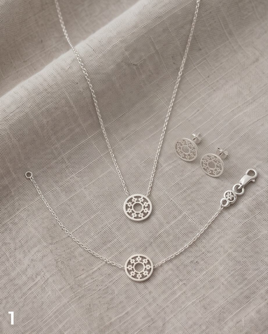 Elegante rozet-set van roestvrij staal (ketting, armband en oorbellen) – Goud- of zilverkleurig
