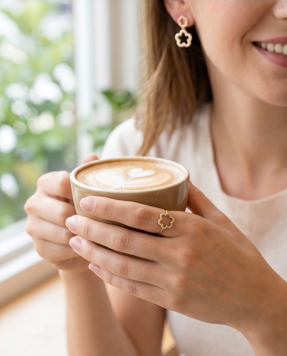 Set met dubbele glinsterende klavers van roestvrij staal (ketting, armband, oorbellen) – Goud of zilver
