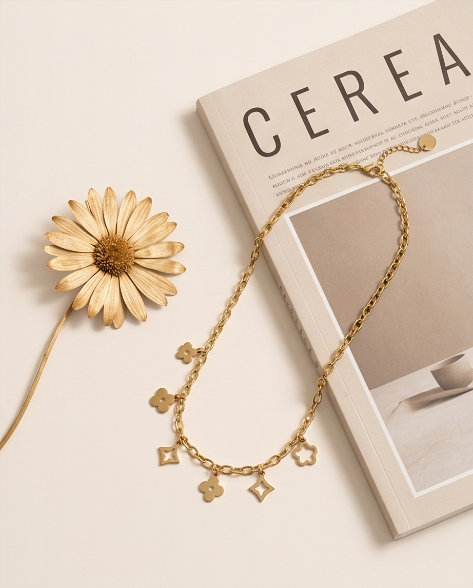 Gold Charm Necklace in Stainless Steel ✨🍀🌸