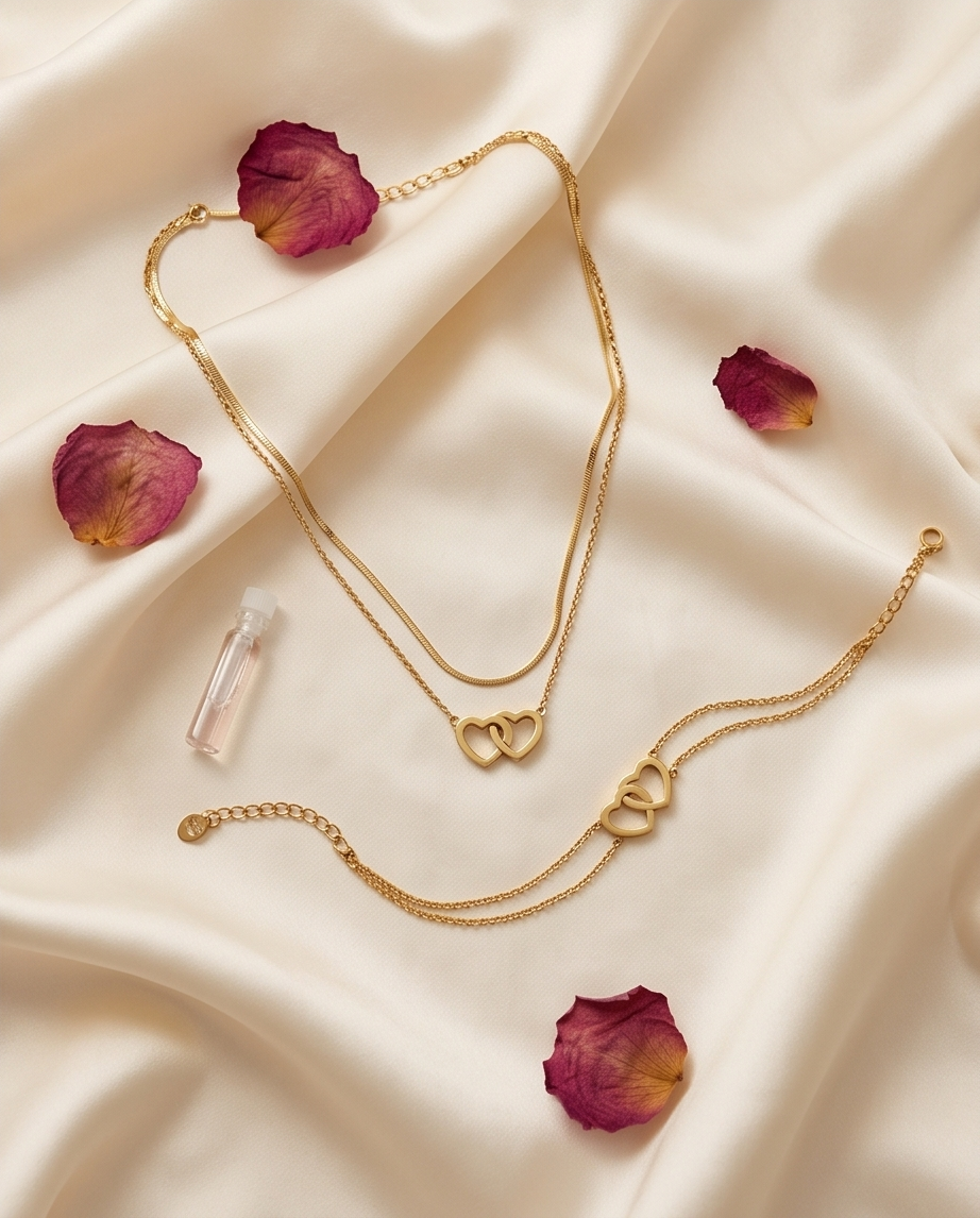 Necklace and bracelet connecting hearts