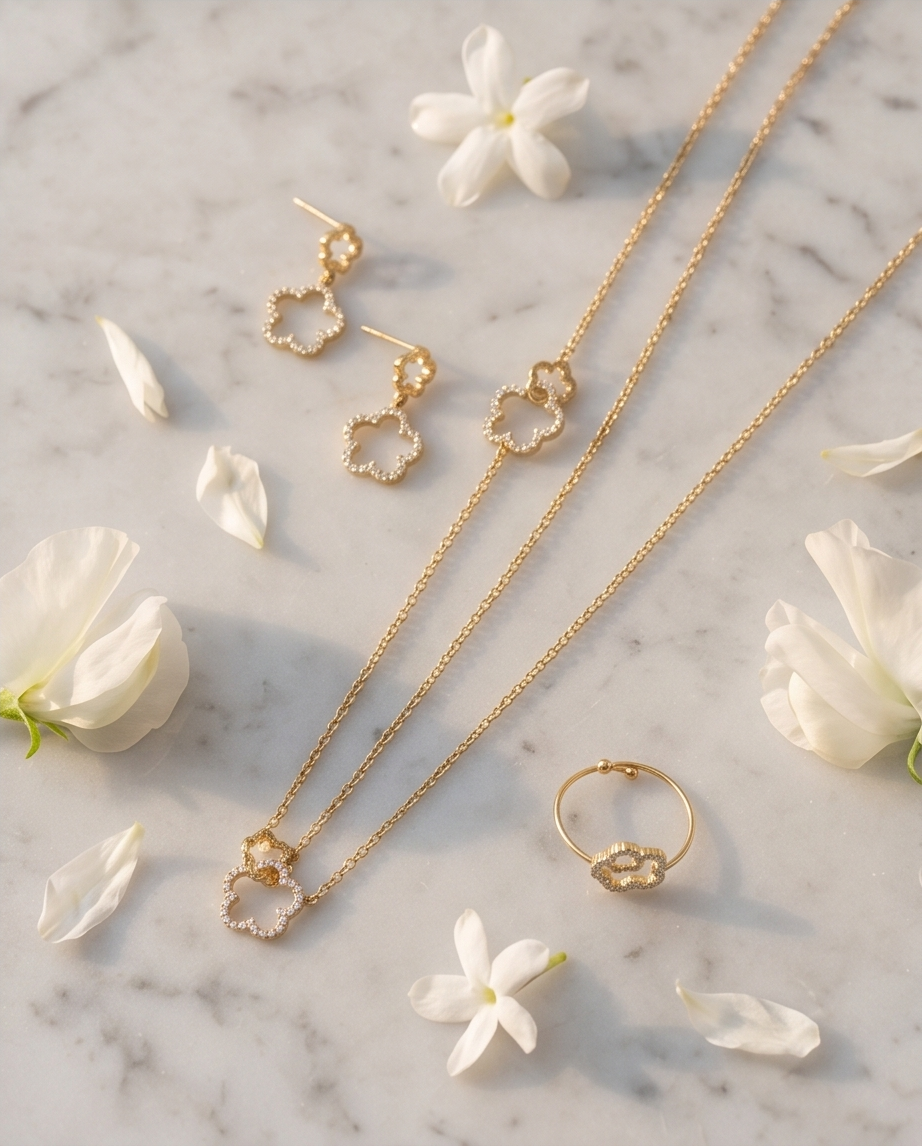 Set met dubbele glinsterende klavers van roestvrij staal (ketting, armband, oorbellen) – Goud of zilver
