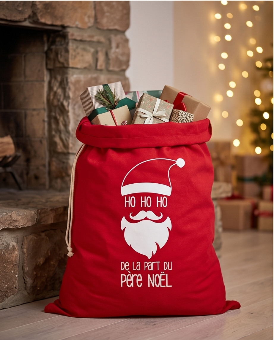 Hotte de Noël rouge – Visage Père Noël