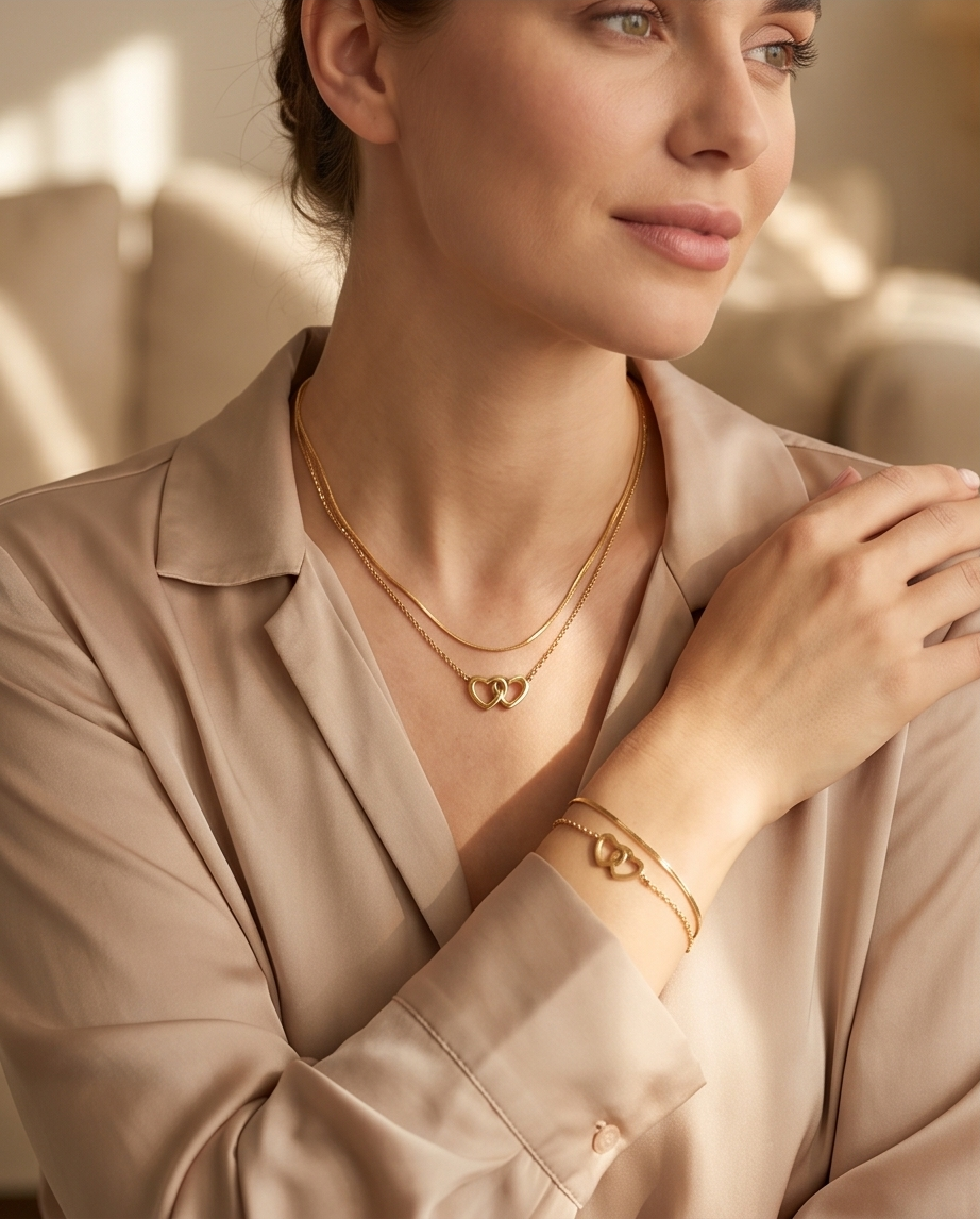 Necklace and bracelet connecting hearts