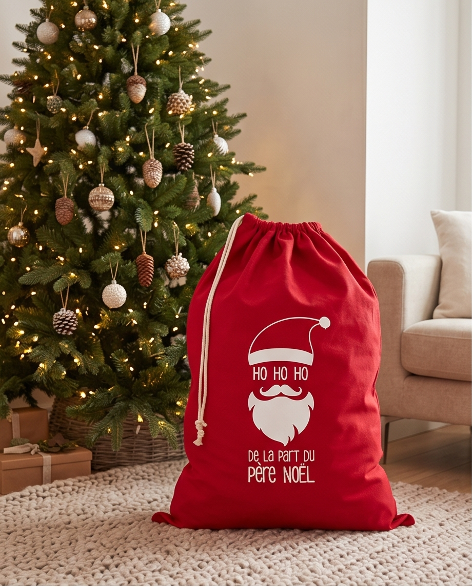 Hotte de Noël rouge – Visage Père Noël