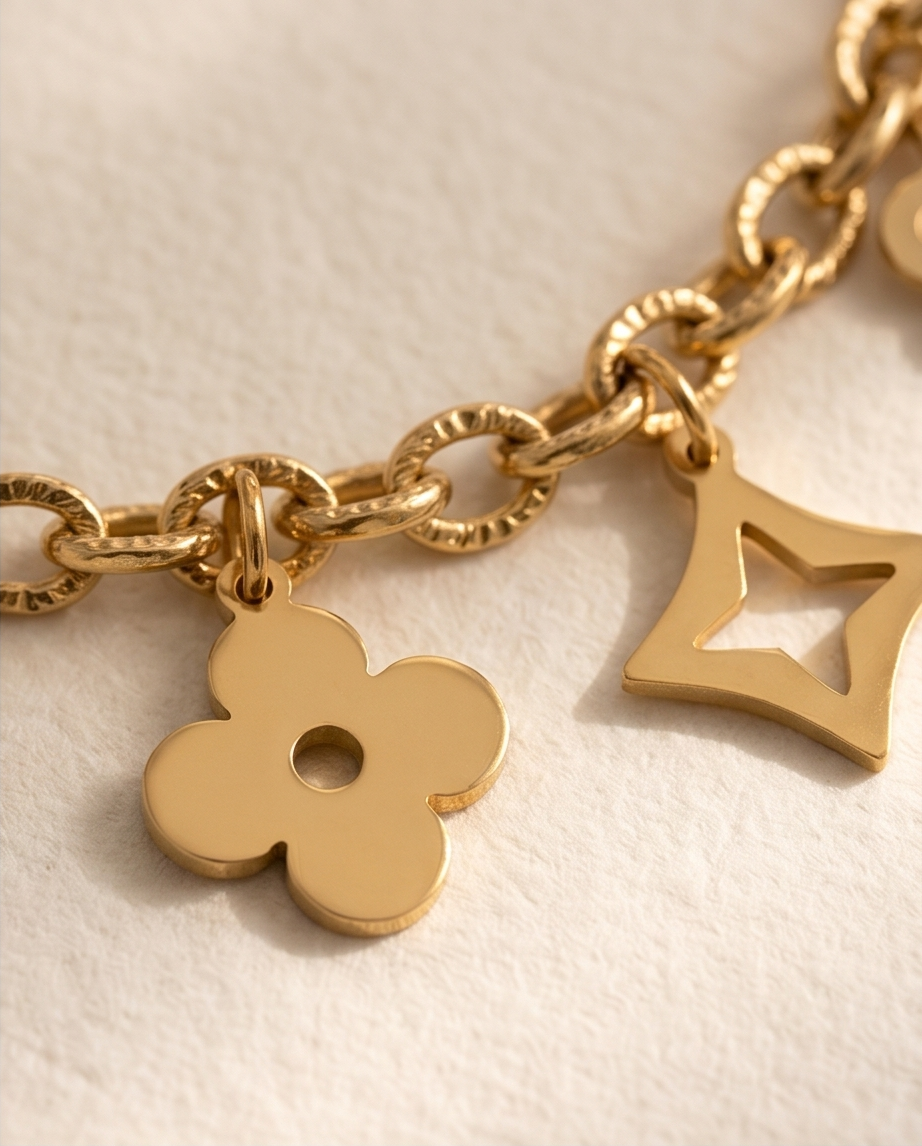 Gold Charm Necklace in Stainless Steel ✨🍀🌸