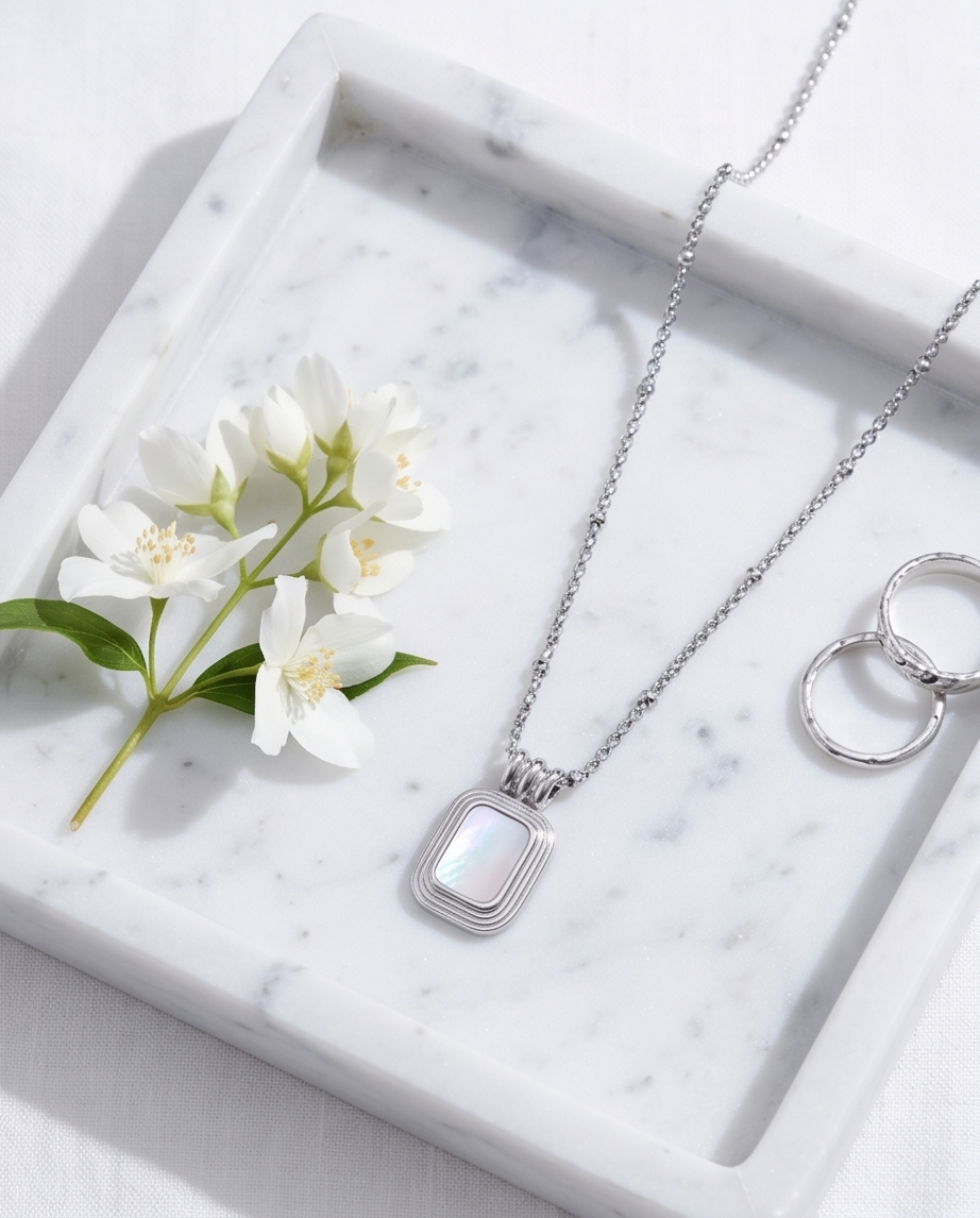 Elodie Silver Stainless Steel Mother-of-Pearl Necklace ✨🤍