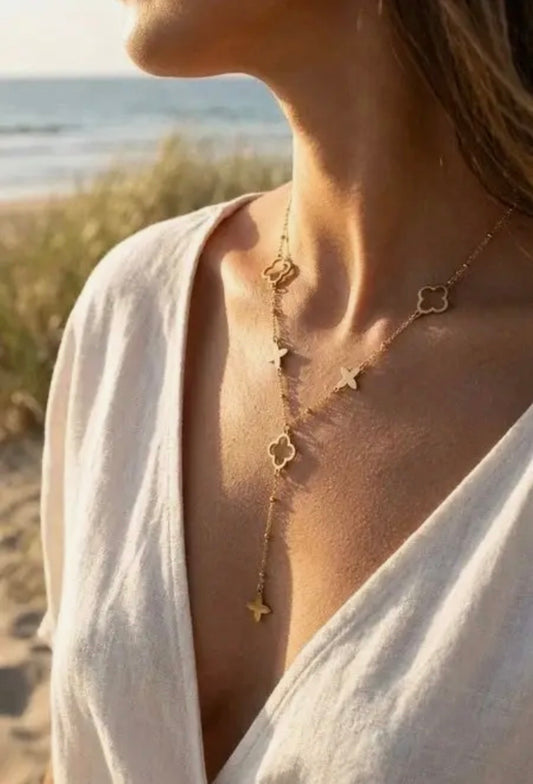 Lange klaverketting & roestvrijstalen hanger – Goud of zilver