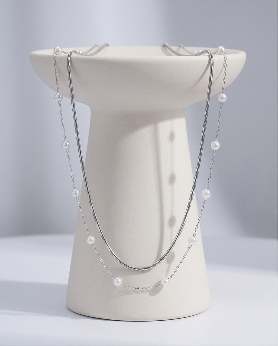 Silver Double Chain & Pearl Necklace ✨🩶