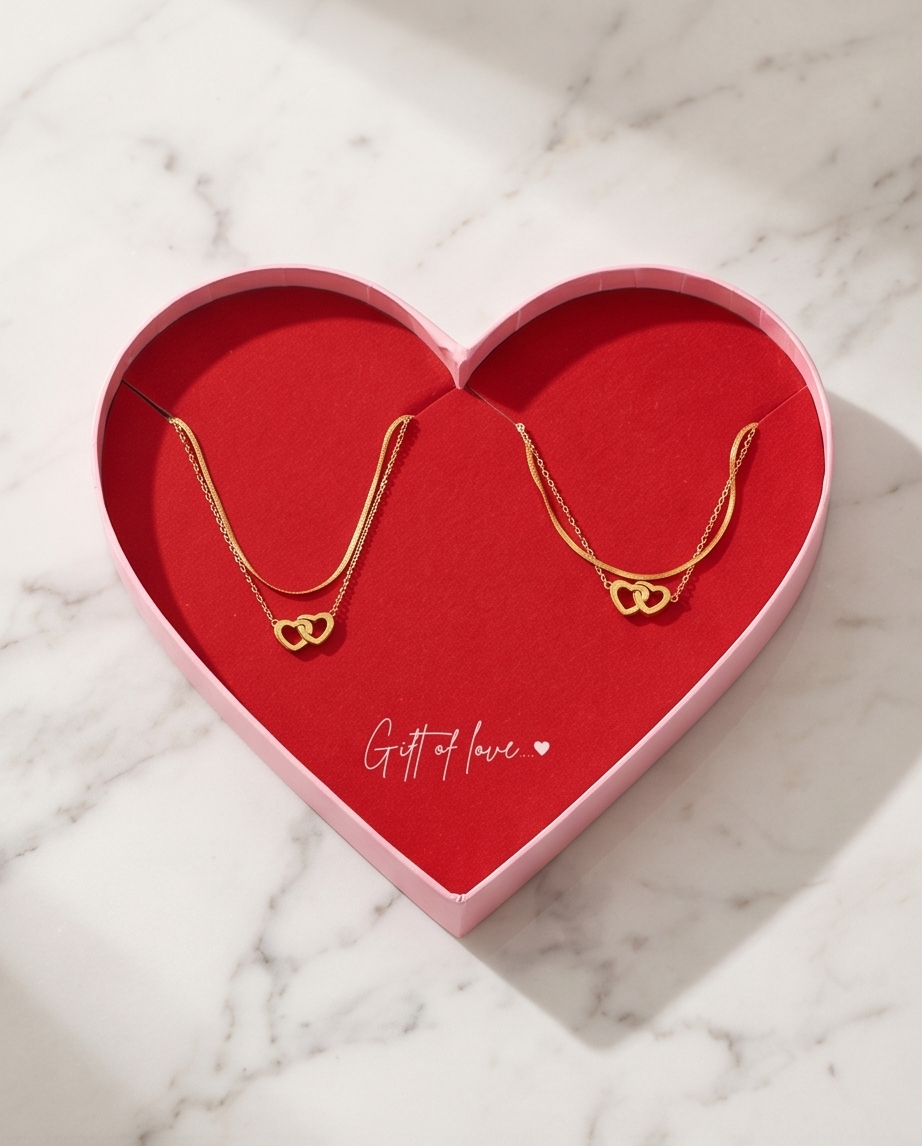 Necklace and bracelet connecting hearts