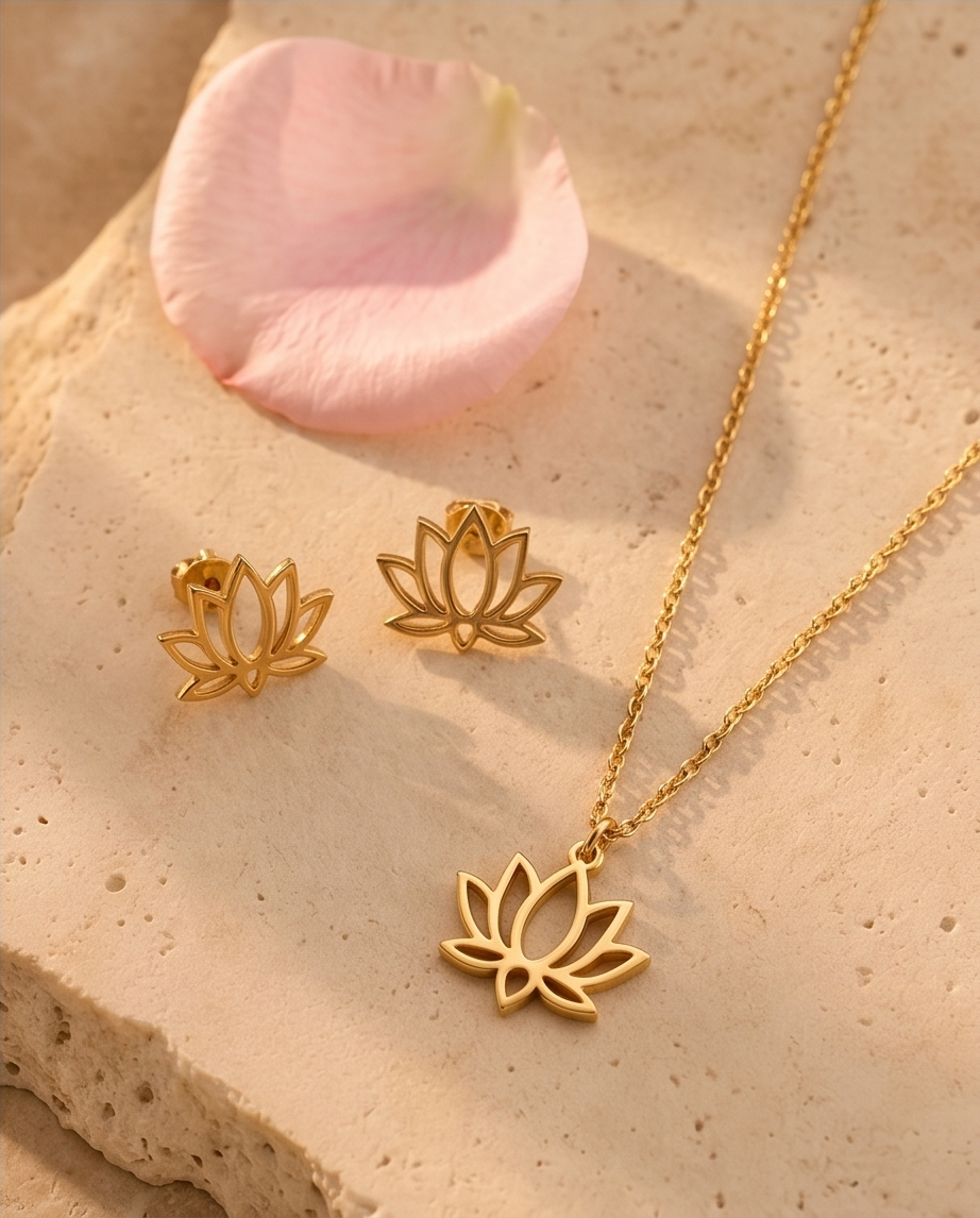 Parure lotus en acier inoxydable (collier, bracelet, boucles) – Doré ou argenté