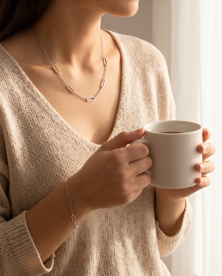 Moderne schakelset van roestvrij staal (ketting & armband) – Goud- of zilverkleurig