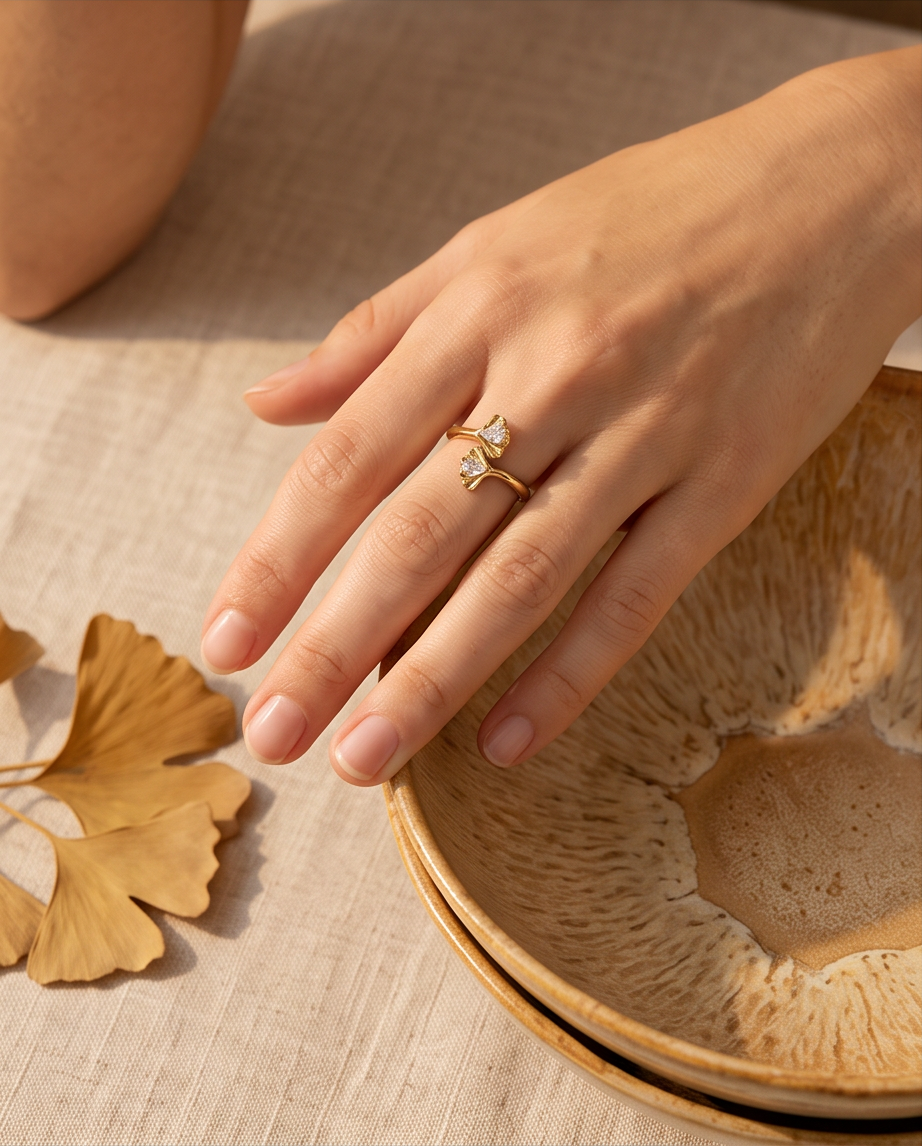 Bague Ginkgo en acier inoxydable doré