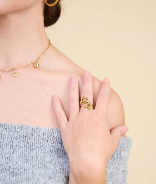 Nature Éternelle - Bague Ajustable en Acier Inoxydable avec Motif Feuilles