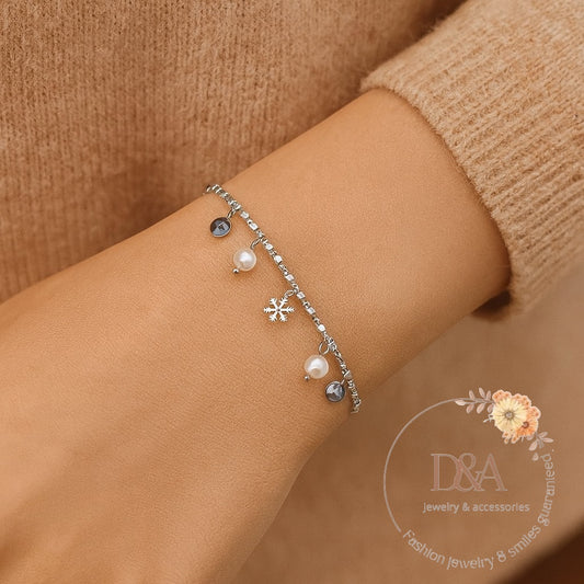 Bracelet Winter breloques flocon de neige, perles et zircon - Argent