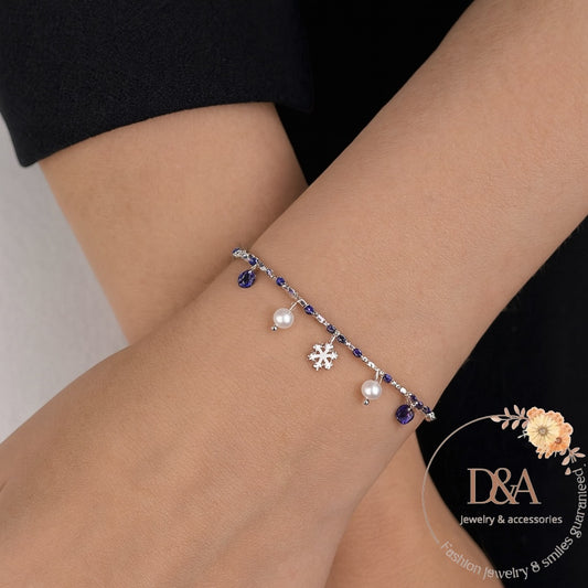 Bracelet Winter breloques flocon de neige, perles et zircon - Argent Bleu
