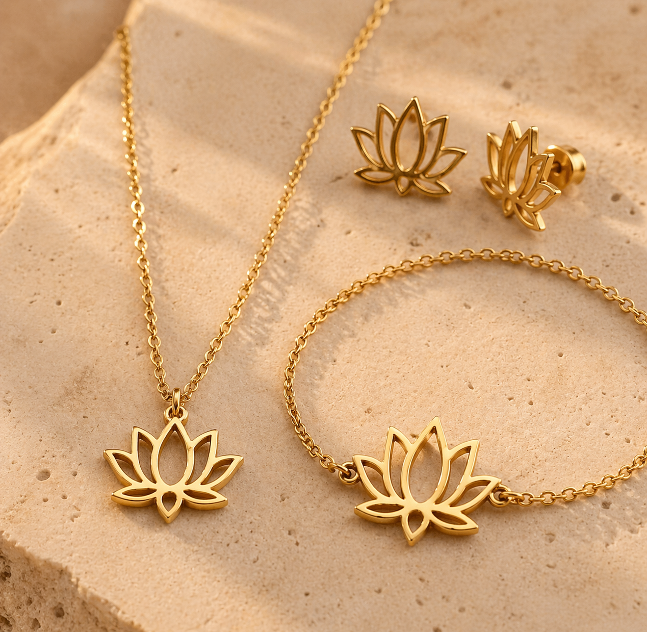 Parure lotus en acier inoxydable (collier, bracelet, boucles) – Doré ou argenté