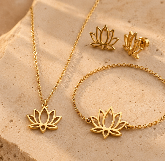 Parure lotus en acier inoxydable (collier, bracelet, boucles) – Doré ou argenté