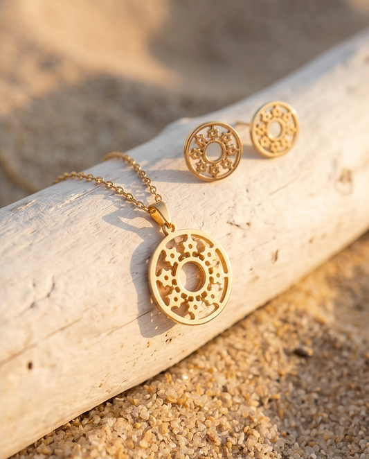 Parure rosace élégante en acier inoxydable (collier, bracelet & boucles) – Doré ou argenté