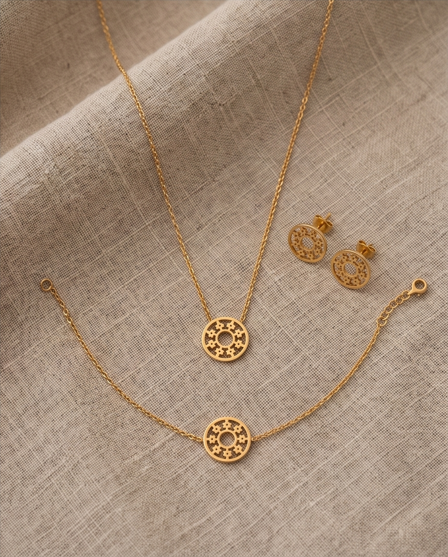 Elegante rozet-set van roestvrij staal (ketting, armband en oorbellen) – Goud- of zilverkleurig